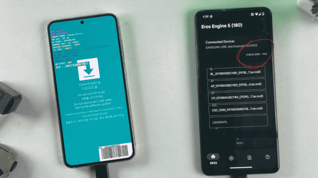 Eros Flash Tool interface with firmware files selected